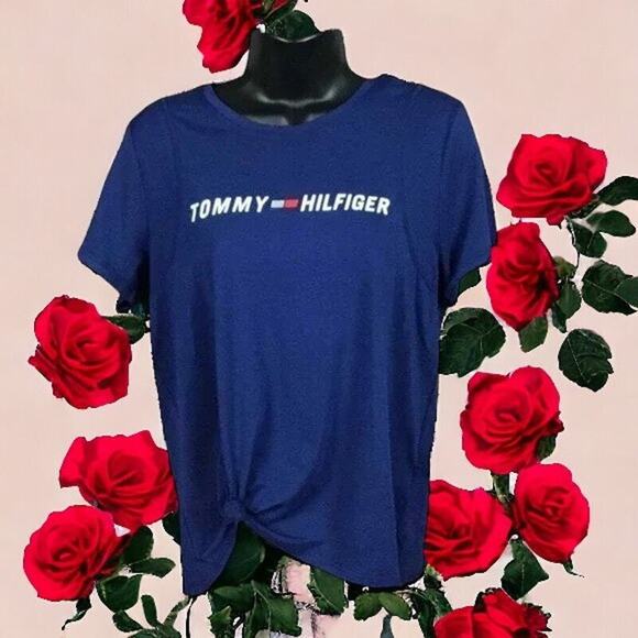 Tommy Hilfiger Women’s M Blue Pullover Knot Front T-Shirt Top Logo NWT - Picture 2 of 16